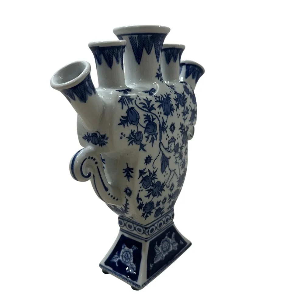 Blue White Ceramic Tulipiere Vase Cherub Floral 5 Spout Chinoiserie 9.5in